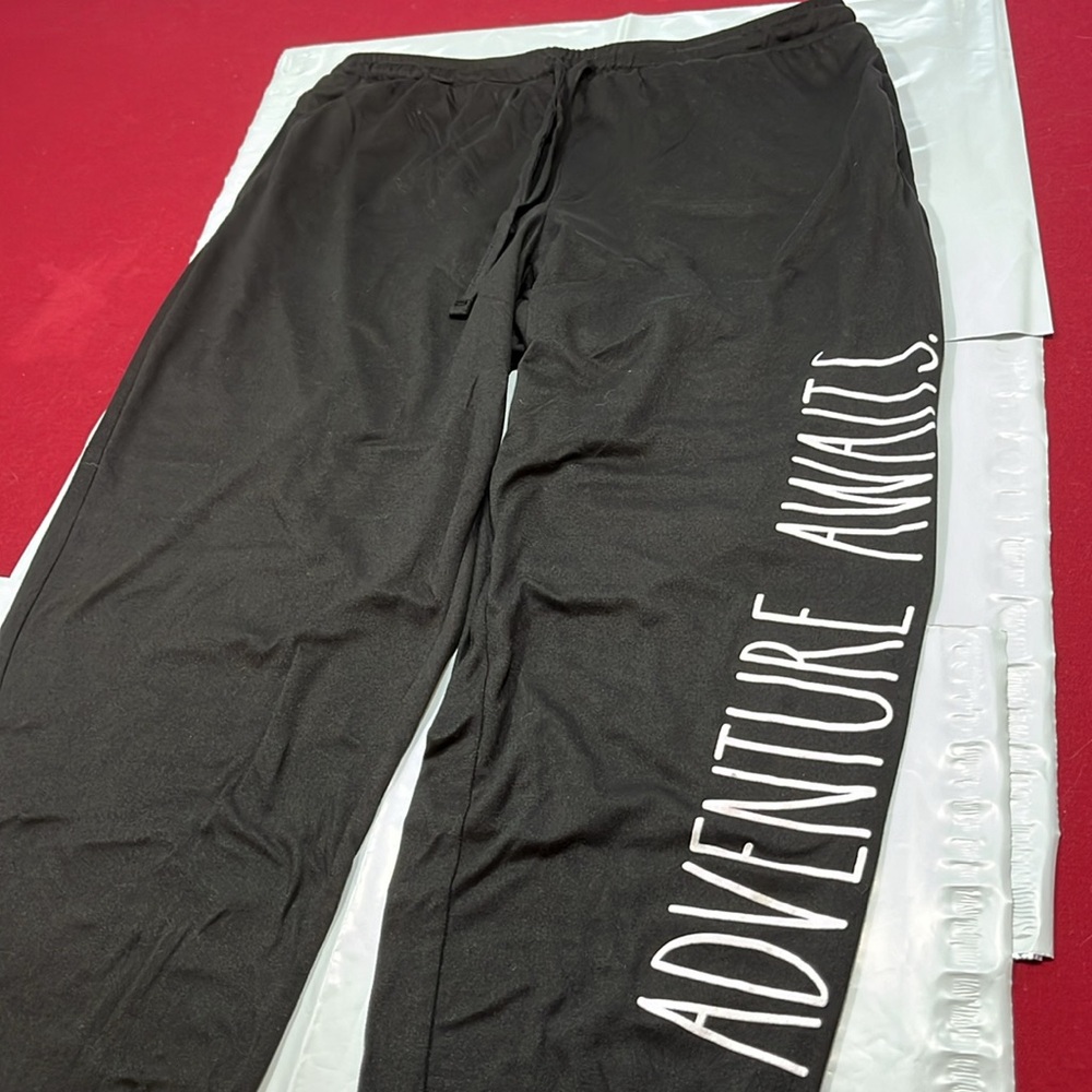Rae Dunn L BLACK JOGGERS Weekend Mode soft Pants ADVENTURE AWAITS spellout LARGE